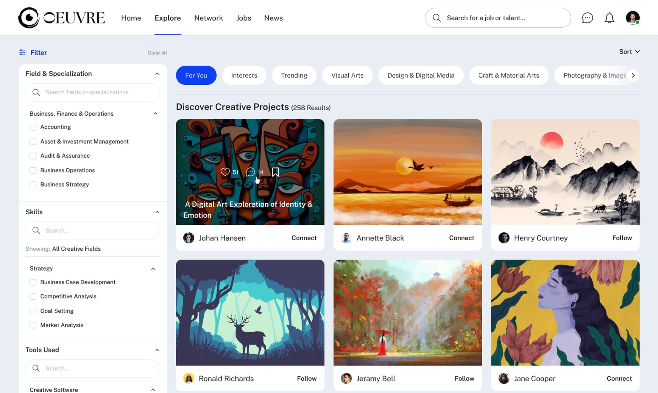 Oeuvre Explore page with Field and Specialization, Skills, and Tools Used filters beside professional projects