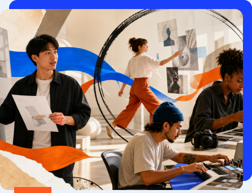 A multidisciplinary creative team developing ideas in motion